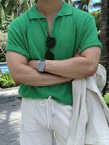 DAZY 男士纯绿色 Polo 领短袖针织衫，夏季 - 綠色 - 查看 1