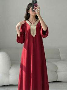 Tween Girls' Luxurious White Middle Eastern/Arabic Style Long Sleeve Dress, Paired With Elegant Burgundy And Gold Floral Accent, Suitable For Girls' Daily Wear, Festivals And Formal Events - Red - View 1