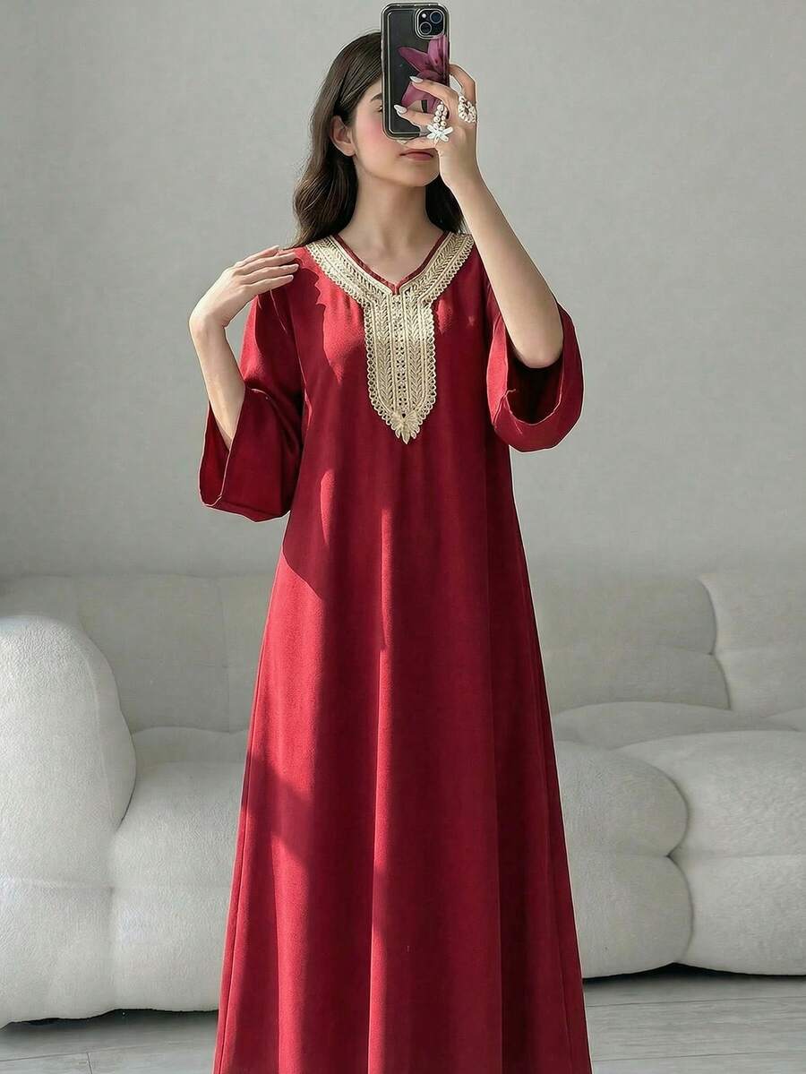 Tween Girls' Luxurious White Middle Eastern/Arabic Style Long Sleeve Dress, Paired With Elegant Burgundy And Gold Floral Accent, Suitable For Girls' Daily Wear, Festivals And Formal Events - Red - View 1