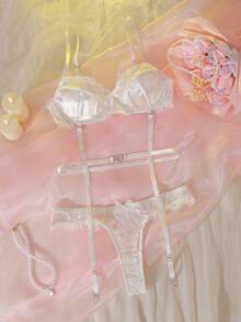 DelicateAllure 2pcs Women Lace Eyelash Patchwork Satin Ribbon Heart Contrast Color Set Wedding Lingerie For Bride White Lace Lingerie Lingerie For Women Adult - White - View 4