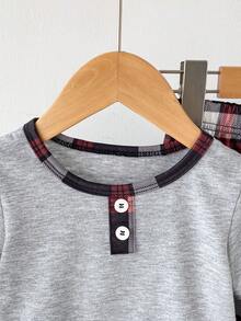 2pcs Baby/Toddler Boys' Casual Gray Short Sleeve Top And Plaid Print Pants Set, Summer Pajamas - Grey - View 6