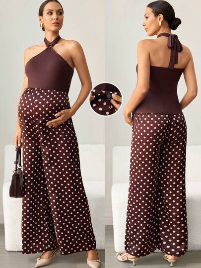 MaterniWear Maternity Clothes  Maternity Dress Pregnant Clothes  Summer  Outfit Women ,Office,Business  Maternity Work Clothes Maternity Elegant Maternity  2pcs Maternity Solid Color Halter Neck Tank Top And Adjustable Waist Polka Dot Print Wide Leg Pants Set,Maternity Halter Top, Polka Dot Pants,Old Money Style  Maternity Brown Two-Piece Commute Outfit,Two-Piece Set: Maternity Halter Top And Polka Dot Trousers For Commuting And Going Out.