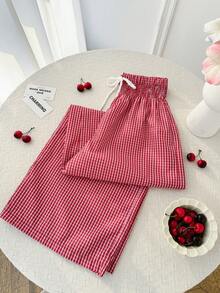 Sweetra 女士新年、夏季、万圣节、圣诞节、感恩节服装，新品上市，适合派对、通勤、日常、度假、海滩、休闲穿着。女士夏季沙滩裤，红白格子裤，红色裤子搭配白色扭结蝴蝶结腰带设计，宽松裤腿，休闲度假海滩时尚裤 - 紅白色 - 查看 6