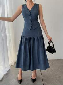DAZY Women's Solid Color V-Neck Sleeveless Fashionable Minimalist Summer Suit - Blue - View 3