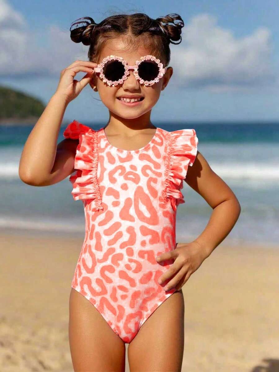 SHEIN Bộ đồ bơi liền thân họa tiết hoa nhiệt đới dễ thương cho bé gái, màu hồng nhuộm tie-dye, đồ bơi, trang phục đi biển. - trái cam - Xem 1