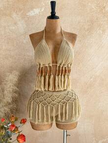 Soleia 两件套波西米亚风吊带露背系带吊带背心和流苏短裤套装，波西米亚风，度假，复古，节日，音乐节 - 杏色 - 查看 4