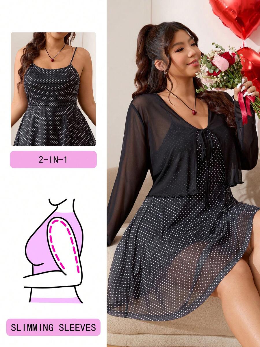 Solflare 大码女式波点吊带连衣裙和长袖开衫休闲度假套装 - 白色 - 查看 1