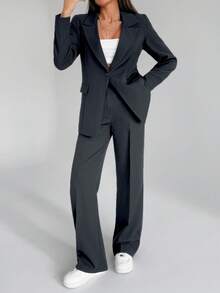 EURMUSE Women Solid Color Two Pieces Outfits Sets Blazer Jacket And Pants - Grey - View 6