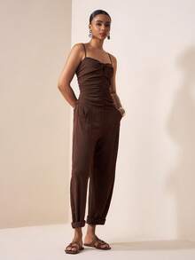 Zivah 2026 Spring/Summer New Music Festival Jumpsuit With Spaghetti Strap, Twist Ruched Design, Pockets, Ankle-Tied, Brown - Brown - View 4