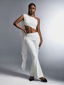 Amplova Bộ đồ 2 món thời trang áo crop top và quần ống loe thiết kế dây nhún màu trơn dành cho nữ - trắng - Xem 3