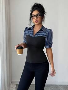 Elenzga Women's Solid Color Striped Patchwork Short Sleeve Shirt - Black - View 6