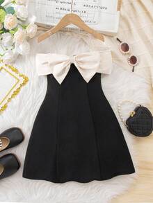 SHEIN Young Girls Off Shoulder Bow Decor Colorblock Elegant Dress - Black - View 4