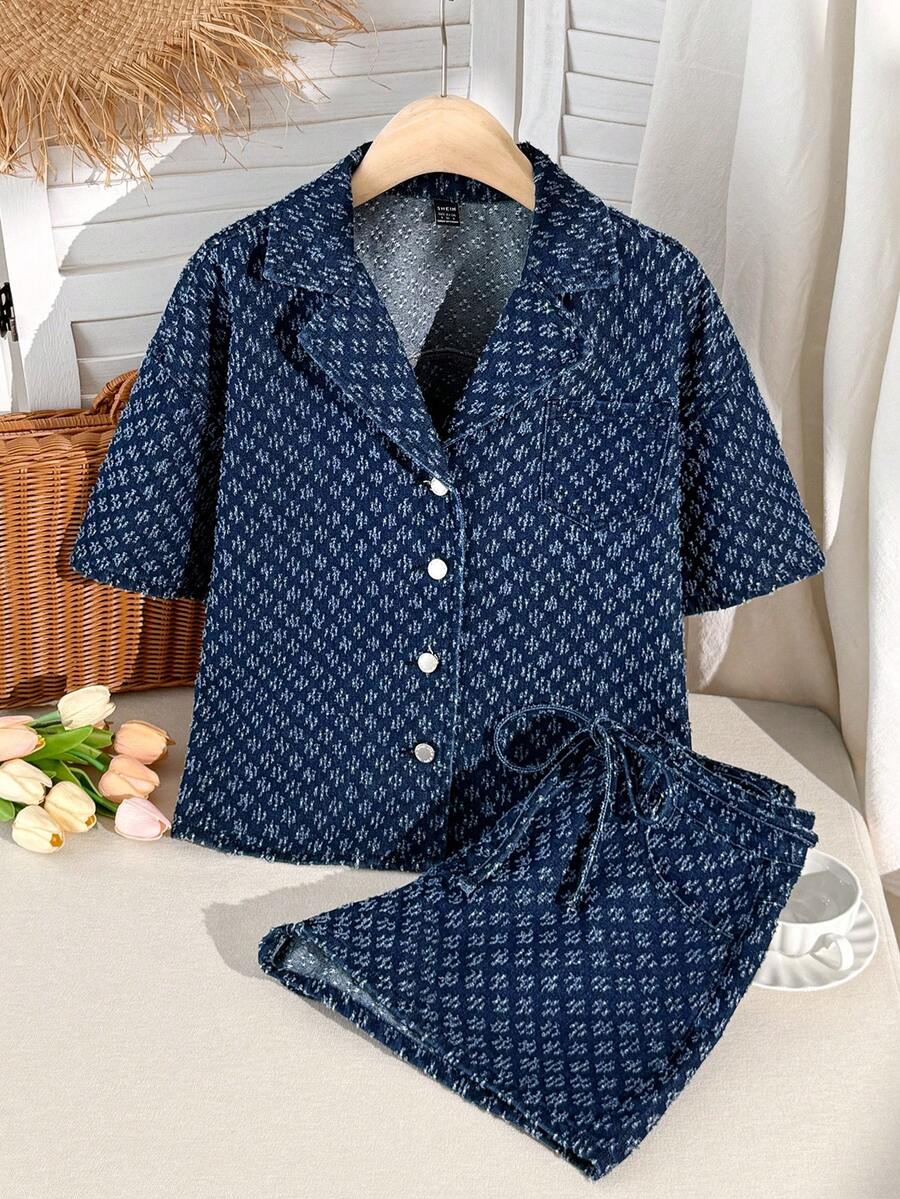 Comfortcana 女士休闲纹理前扣牛仔外套和牛仔短裤套装，夏季 - 深色水洗藍 - 查看 1