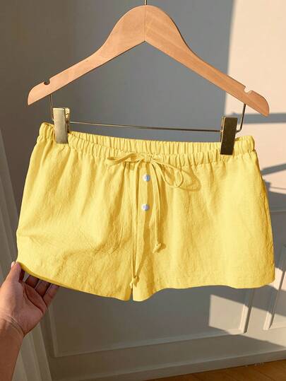 Comfortcana Pantalones cortos de algodón puro de unicolor con cordón en la cintura, sueltos y casuales, color amarillo crema