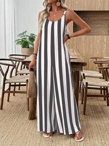 EMERY ROSE 休闲简约风条纹阔腿连体裤，适合春夏度假穿着 - 彩色 - 查看 3