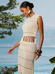 Travachic Women's Vacation Fashion Hollow-Out Camisole And Tassel Hem Skirt 2 Pieces Set - Apricot - View 5