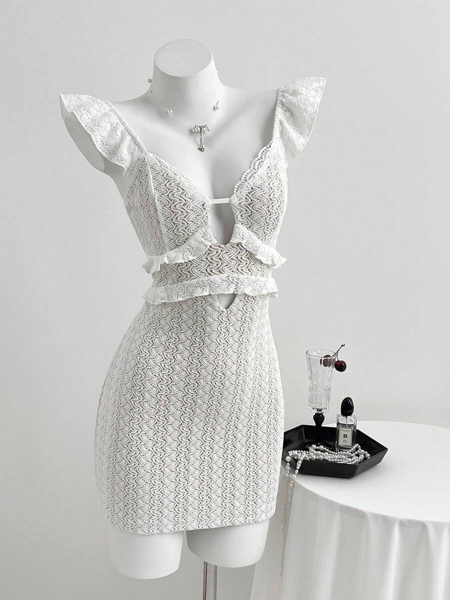 Elamini 女士深V领纹理面料荷叶边下摆修身连衣裙 - 白色 - 查看 1