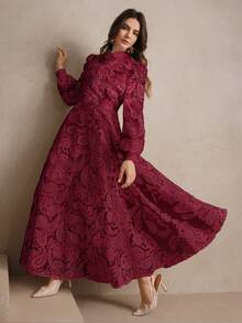 Anewsta 女士秋季立领灯笼袖收腰网纱花卉刺绣优雅连衣裙，适合感恩节、圣诞节等主题场合穿着 - 酒紅色 - 查看 3