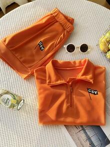SHEIN Explorewe 2件套女童宽松Polo衫套装，休闲宽松拉链领Polo衫搭配口袋阔腿短裤，饰有字母印花，休闲运动学院风，舒适夏季套装 - 橘色 - 查看 5