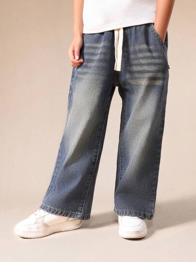 SUMWON Pantalones vaqueros de pierna ancha vintage para niños con cintura con cordón, ajuste relajado y lavado de piedra