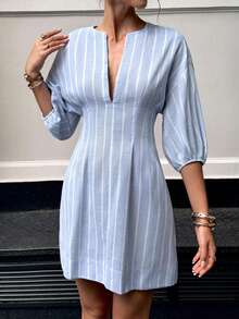 Siren Gaze Business Casual Woman Going Out Outfits Teacher Outfits For Women Waist A-Line Blue Striped Dress  Women's Casual Commuting Striped Cinched Waist Mini Dress Summer Casual - Blue - View 4
