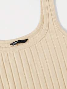 SHEIN Essnce Solid Color Ribbed Knit Sleeveless Scoop Neck Dress - Beige - View 6