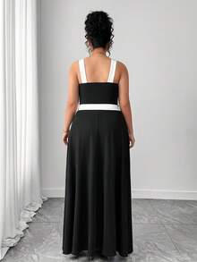 Elenzga Plus Size Women's New Elegant Contrast Color Square Neck Bodycon Jumpsuit, Suitable For Work And Everyday Wear Black Dress With White Trim Black And White Dress Women Elegant Long Black And White Dress - Multicolor - View 2