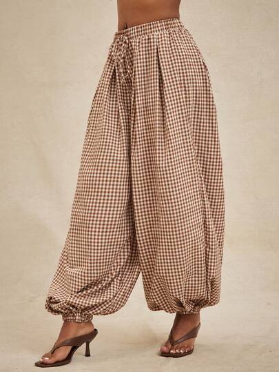 NYA SZN กางเกงขายาวทรงกระบอกหลวมลายสก๊อตผูกเอวสำหรับผู้หญิง