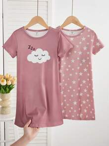 Genkimix Kids 两件套女童可爱卡通绵羊印花睡衣套装，包括粉色和灰色短袖长款睡裙，休闲家居服 - 粉色 - 查看 3