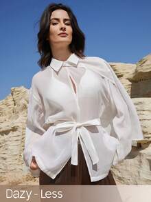 Dazy-Less Women's Elegant White Long Sleeve Shirt, Casual Design For Office, Commute, Wedding, Spring & Summer - White - View 1