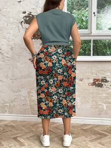 EMERY ROSE Plus Size Summer Casual Solid Color Top And Floral Print Skirt 2-Piece Set Spring - Teal Blue - View 2