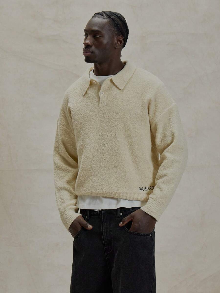 Musero Mohair Long Sleeve Button Through Polo Style Moahir Knit Jumper Branded Embroidery Detailing Spring Summer Essentials - Apricot - View 1