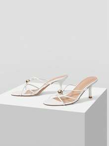 Mnmlis Sandales à talons élégantes avec accent de boule dorée pour soirée, mariage, talon aiguille, mule à bride croisée, sandales d'été et de printemps pour robe de Noël - Blanc - Voir 3