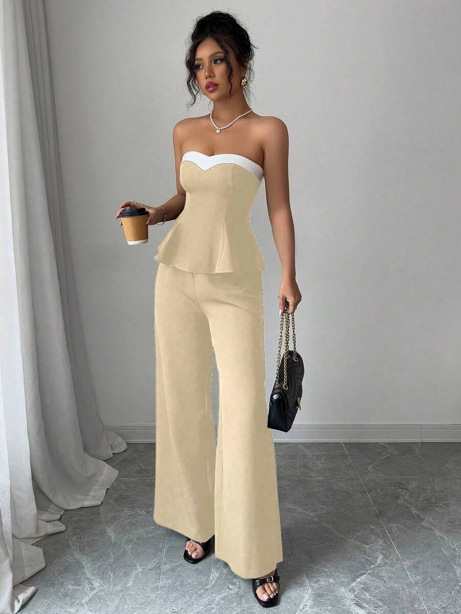 Elenzga Women's Elegant 2 Pieces Set: Ruffle Hem Bandeau Top And Wide Leg Pants - Light Yellow - View 1