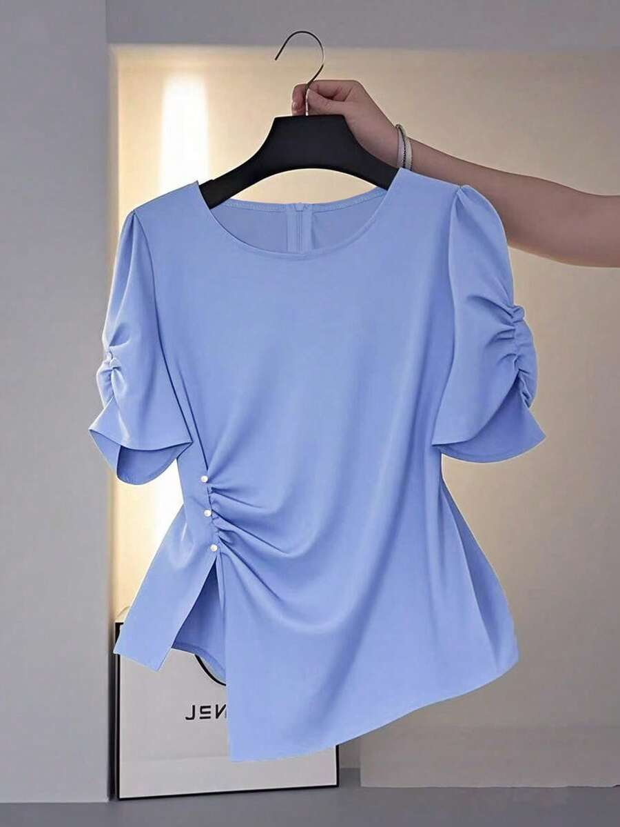 SHEIN LUNE 圆领不对称设计优雅女式衬衫 - 藍色 - 查看 1