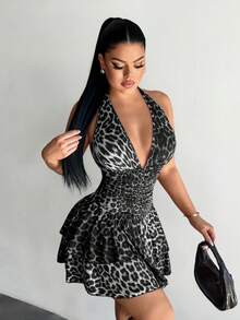 SHEIN SXY 豹纹露背吊带荷叶边连衣裙 - 灰色 - 查看 4