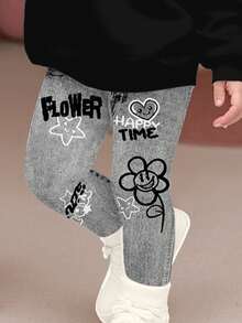 全黑涂鸦可爱爱心和人脸图案，适合年轻女孩休闲舒适柔软加厚保暖的圆领长袖卫衣和打底裤，适合日常穿着、居家、外出、休闲假期、舒适季节、秋冬季穿搭，轻松舒适，适合小女孩秋冬季叠穿，时尚年轻女孩，休闲装，儿童涂鸦爱心图案服装，秋冬服装，时尚秋季，新款式，冬季时尚，清凉舒适 - 彩色 - 查看 6