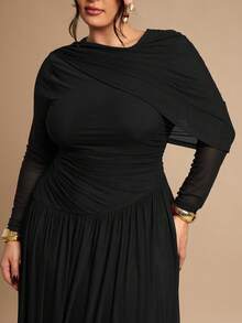 SHEIN BAE Vestido assimétrico de malha de tule marrom café de manga comprida para mulheres plus size - Preto - Ver 5