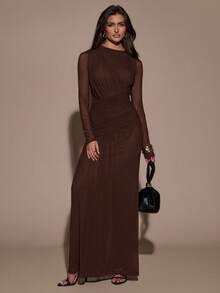 SHEIN BAE Đầm cổ tròn phối lưới thanh lịch dành cho nữ, thích hợp cho mùa thu. - Cà phê nâu - Xem 4