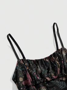 ROMWE Fairycore Spring/Summer Women's Retro Mori Style Rabbit, Moth, Leaf Print Short Dress - Brown - View 3