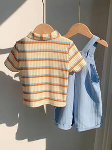 SHEIN 2pcs/Set Unisex Baby Casual Cute Holiday Knitted Colorful Striped Short Sleeve T-Shirt&Cartoon Rabbit Printed Blue Bib Pants Romper Set,Summer Sets - Multicolor - View 2