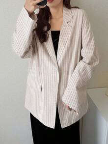 FRIFUL Women's Casual Commuting Striped Loose Blazer - Apricot - View 8