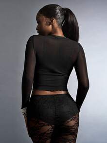 Amplova 2pcs Set Lace Lingerie & Mesh Sheer T-Shirt, Women Top - Black - View 6