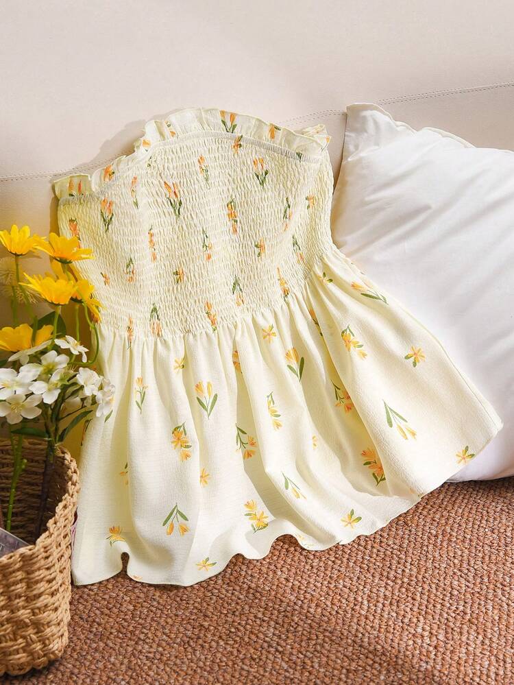 CosyJoli Plus Size Women Floral Print Ruffle Hem Tube Top, Fashionable Summer - Light Yellow - View 1