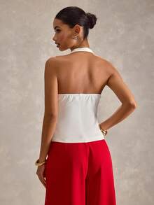 RueChic Women, Spring, Summer, White Sleeveless Tailored Blazer Vest With Rosette Waist - Elegant Structured Peplum Waist, 3‑Button Front, Fitted Silhouette, Bridal & Cocktail Jacket, Wedding Guest & Evening Wear, Office To Event Statement Vest, Luxury Crepe/Lined Fabric, Breathable Stretch, Sleek Notched Lapel, Designer Look - White - View 4
