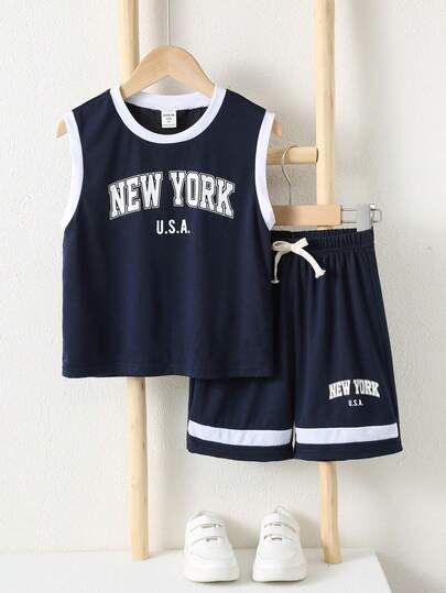 2-Pack Young Boys Casual Sports Vacation Letter Graphic Round Neck Short Sleeve Top And Contrast Color Shorts Set