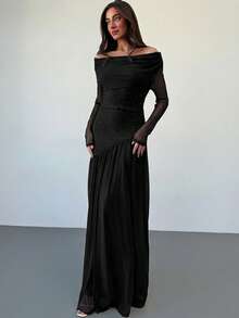 Aloruh 新款露肩长袖撞色网纱刺绣不对称下摆拼接高弹显瘦连衣裙 - 黑色 - 查看 5