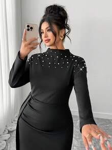 Elenzga 大码优雅修身珍珠装饰长袖连衣裙 - 黑色 - 查看 2