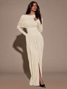 SHEIN BAE Women's Solid Color Boat Neck Ruched Long Sleeve Dress - Apricot - View 4