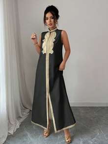 Rafferiza 中东风格女式金色镶边无袖开衩连衣裙 - 黑色 - 查看 7